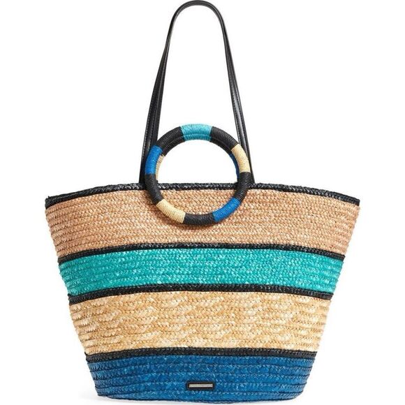 Rebecca Minkoff Woven Straw Tote Shoulder Bag Tan Blue Teal - Picture 2 of 15